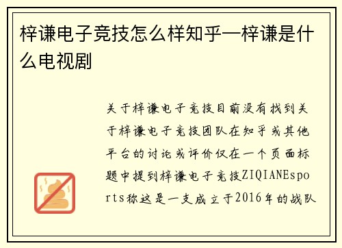 梓谦电子竞技怎么样知乎—梓谦是什么电视剧